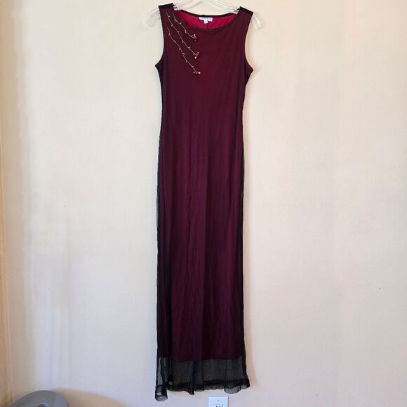 Vintage RAMPAGE Women's Maxi Dress Red- Black Mesh Overlay/ 3D Size Small‎ Y2K - Picture 6 of 10